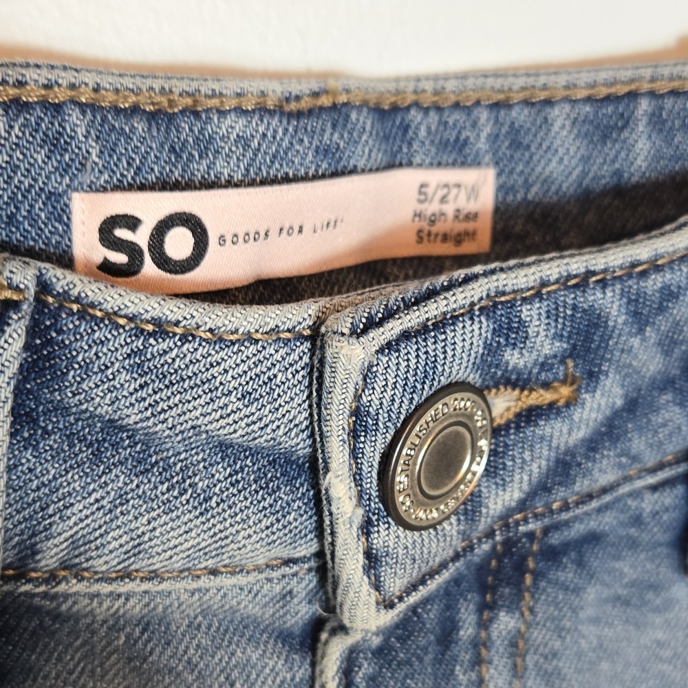 SO High Rise Straight Distressed Jeans Womens 5/27W Blue Authentic Stretch - Picture 5 of 7